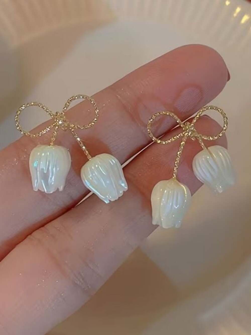 Gold Bow Drop Earrings with Ivory Tulip Charms